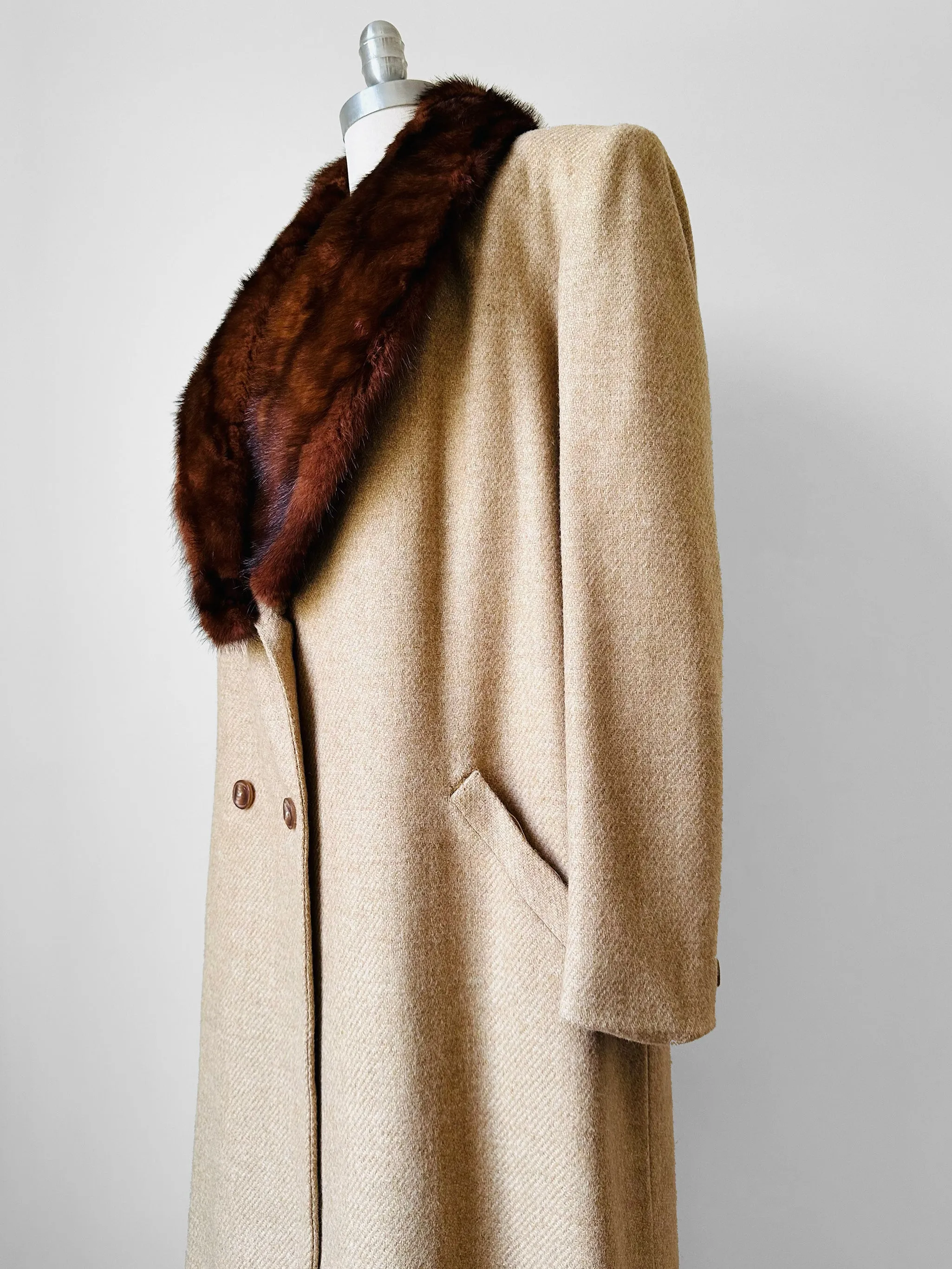 1960s - 1970s Light Oatmeal Tweed Fur Collar Overcoat - Sz. M/L