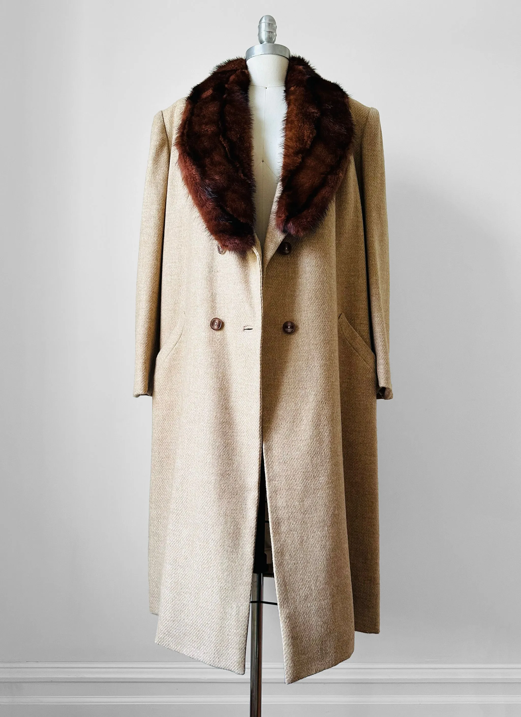 1960s - 1970s Light Oatmeal Tweed Fur Collar Overcoat - Sz. M/L