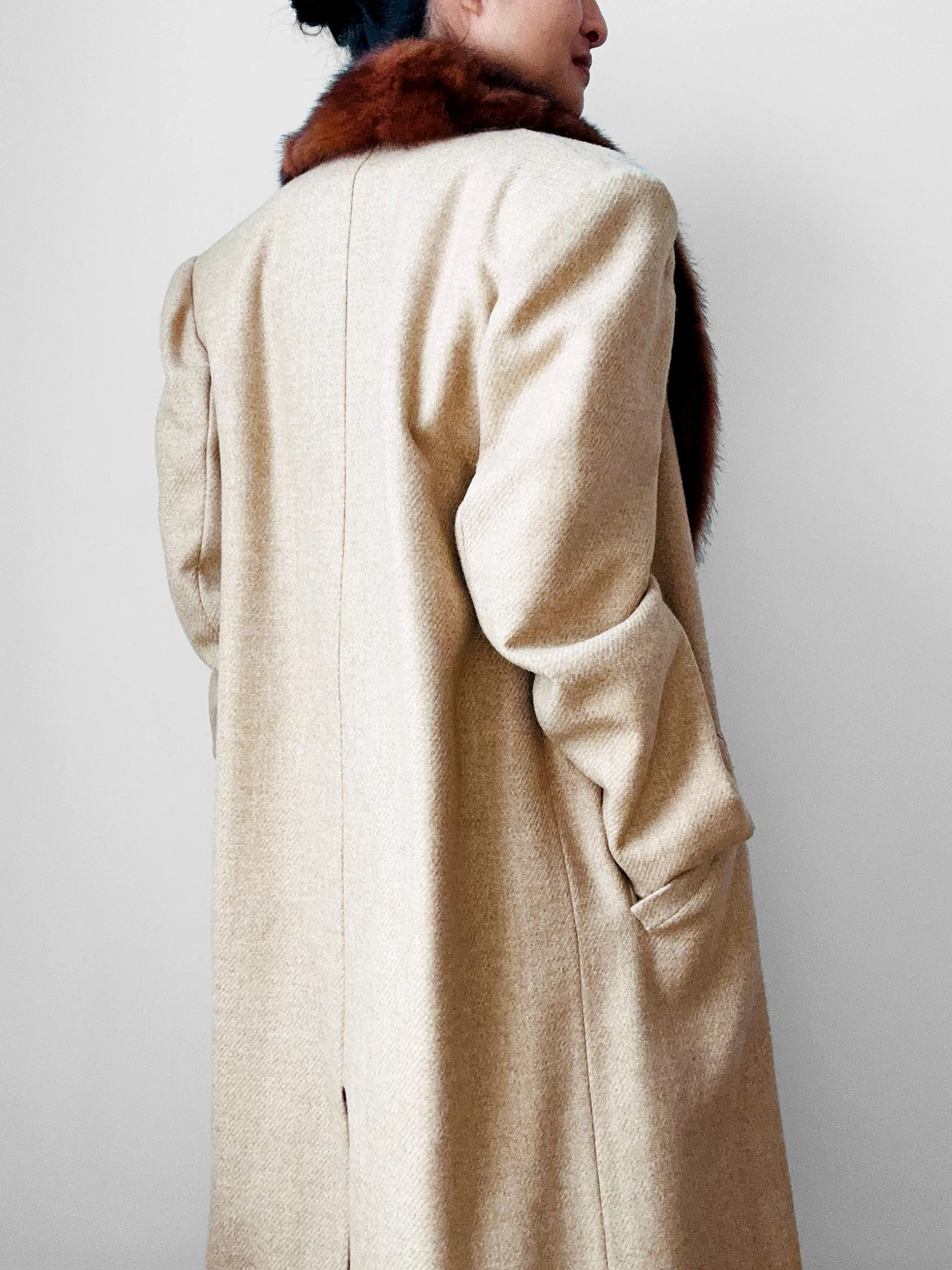 1960s - 1970s Light Oatmeal Tweed Fur Collar Overcoat - Sz. M/L