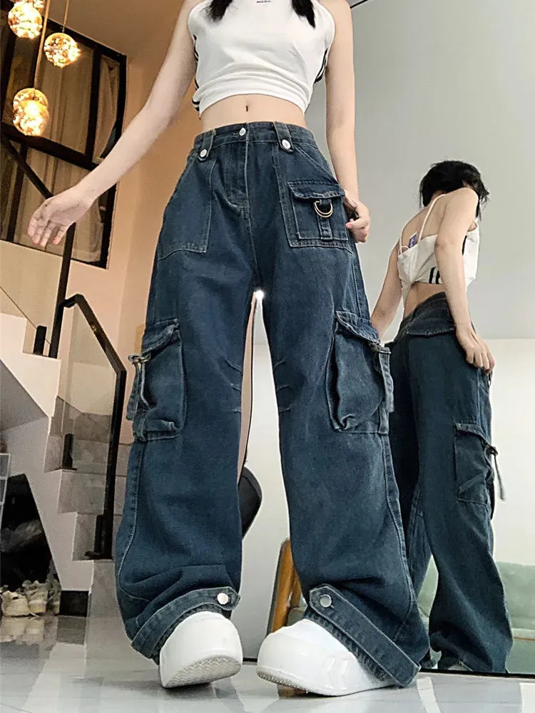 2024 Roupa Y2K Streetwear Vintage Blue Multi Pockets Pleated Baggy Jeans Pants For Women Gothic Clothes New Rock Lady Trousers