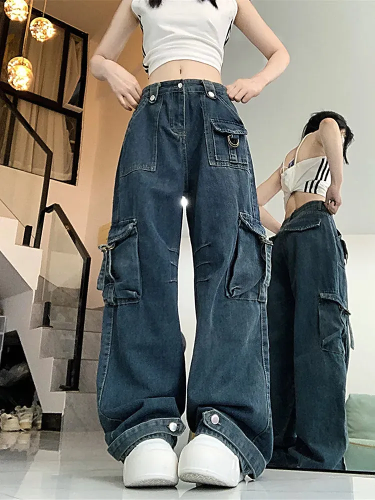 2024 Roupa Y2K Streetwear Vintage Blue Multi Pockets Pleated Baggy Jeans Pants For Women Gothic Clothes New Rock Lady Trousers