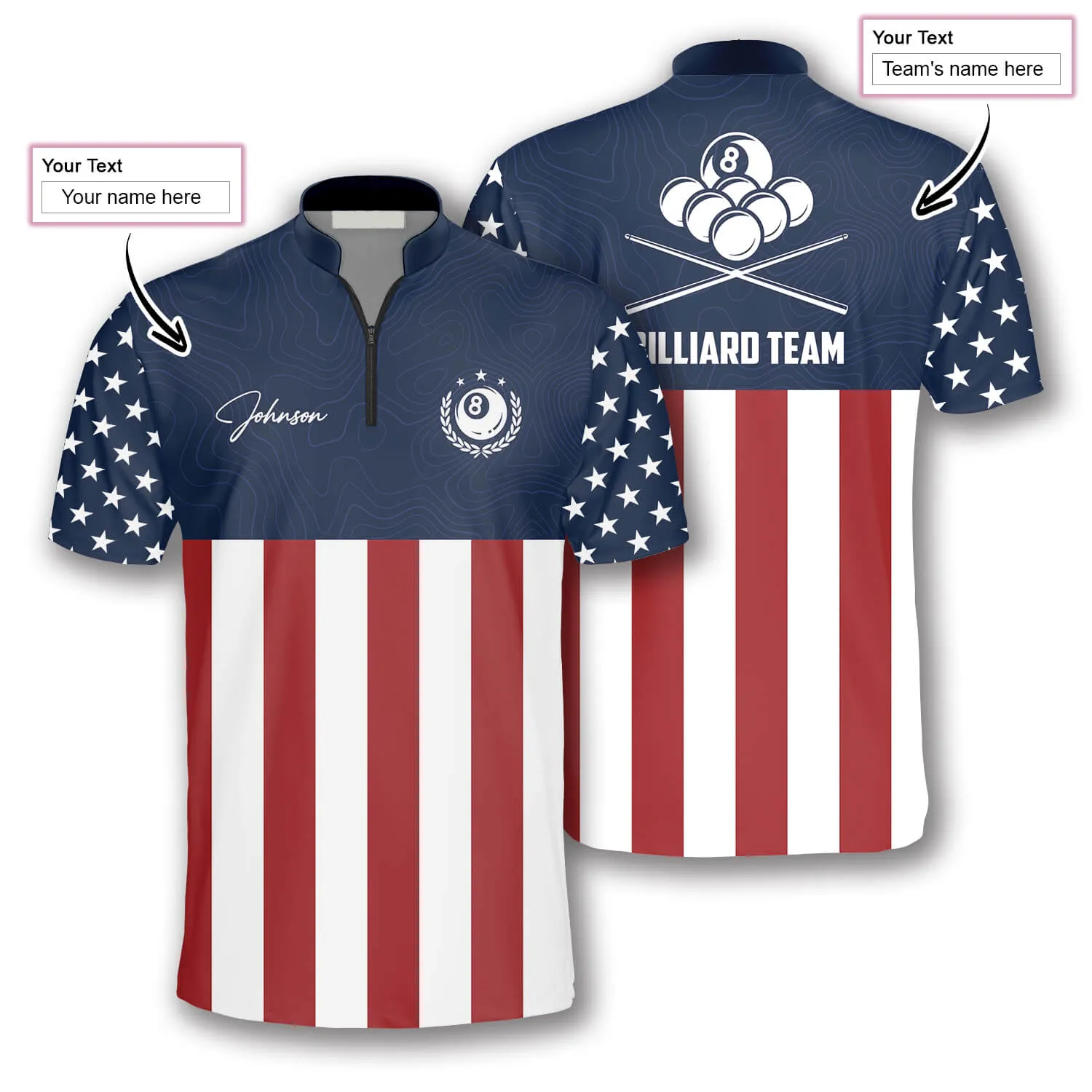 8 Ball Patriotic Flag Navy Custom Billiard Jerseys for Men, Uniform Shirt for Billiard Player, Flag Shirt