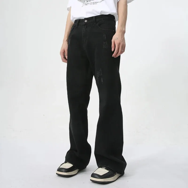 American High Street Flare Pants Denim Cat Beard Worn Out Design Simple Solid Color Zipper Male Jeans Summer 9C6174
