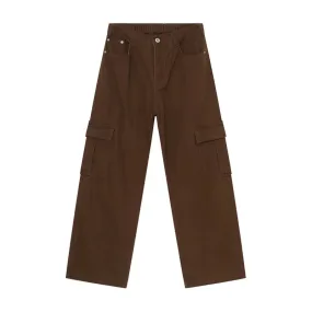 American Style Men's Jeans Casual Big Pockets Vintage Cargo Denim Pants Straight Wide Leg Solid Color Male Trousers 9C6515