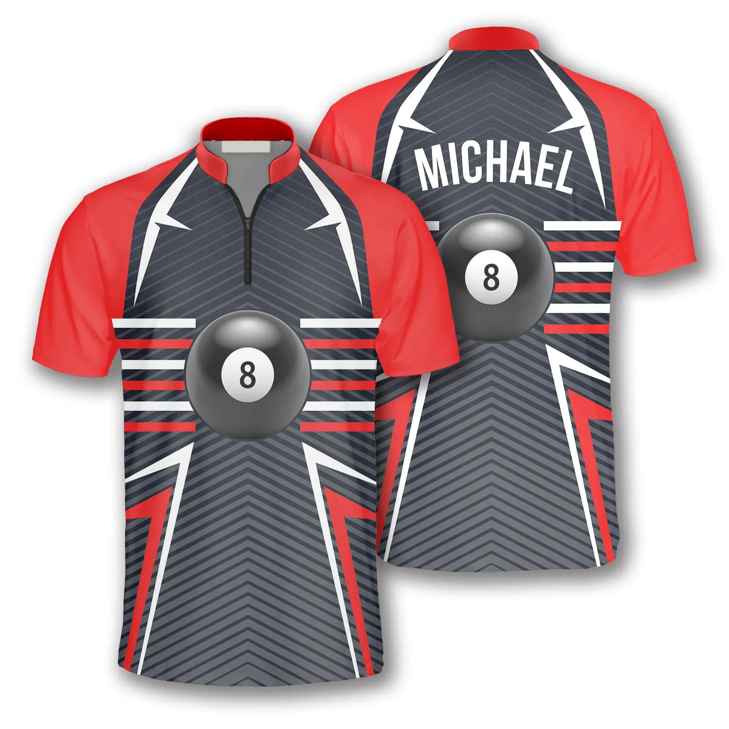 Ball 8 Red Grey Custom Billiard Jerseys for Men, 3D All Over Print Billiard Jersey Shirt