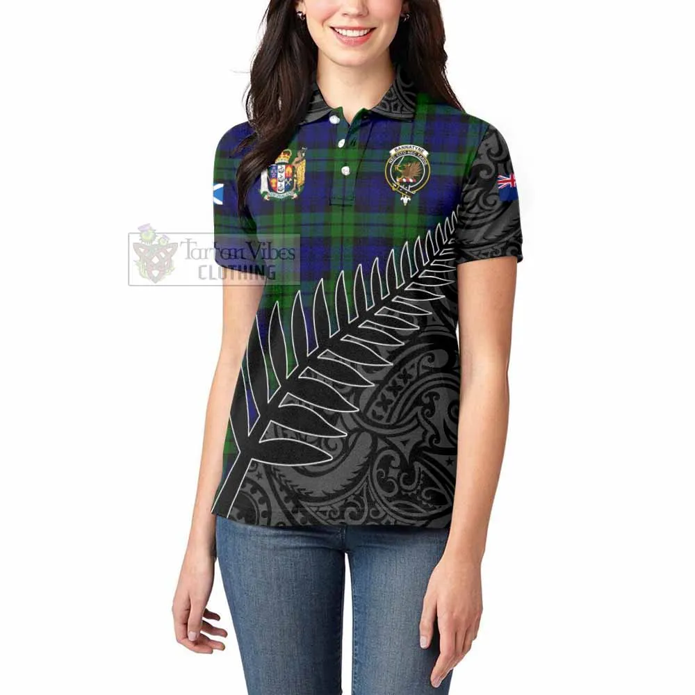 Bannatyne Crest Tartan Women's Polo Shirt with New Zealand Silver Fern Half Style