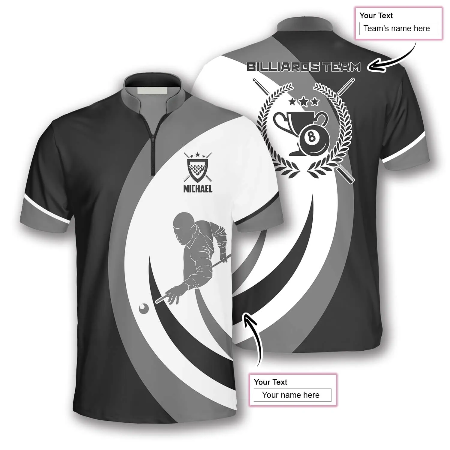 Black Grey Silhouette Custom Billiard Jerseys for Men, Team Billiard Shirt, Uniform Billiard Team