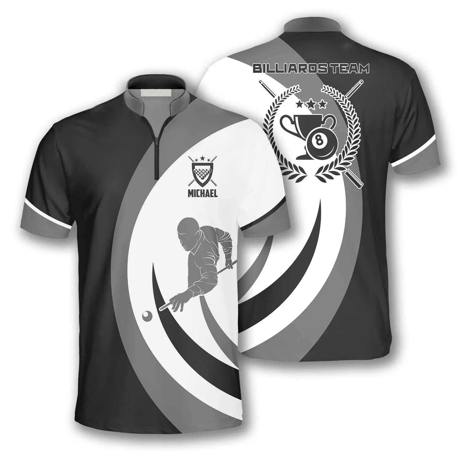 Black Grey Silhouette Custom Billiard Jerseys for Men, Team Billiard Shirt, Uniform Billiard Team