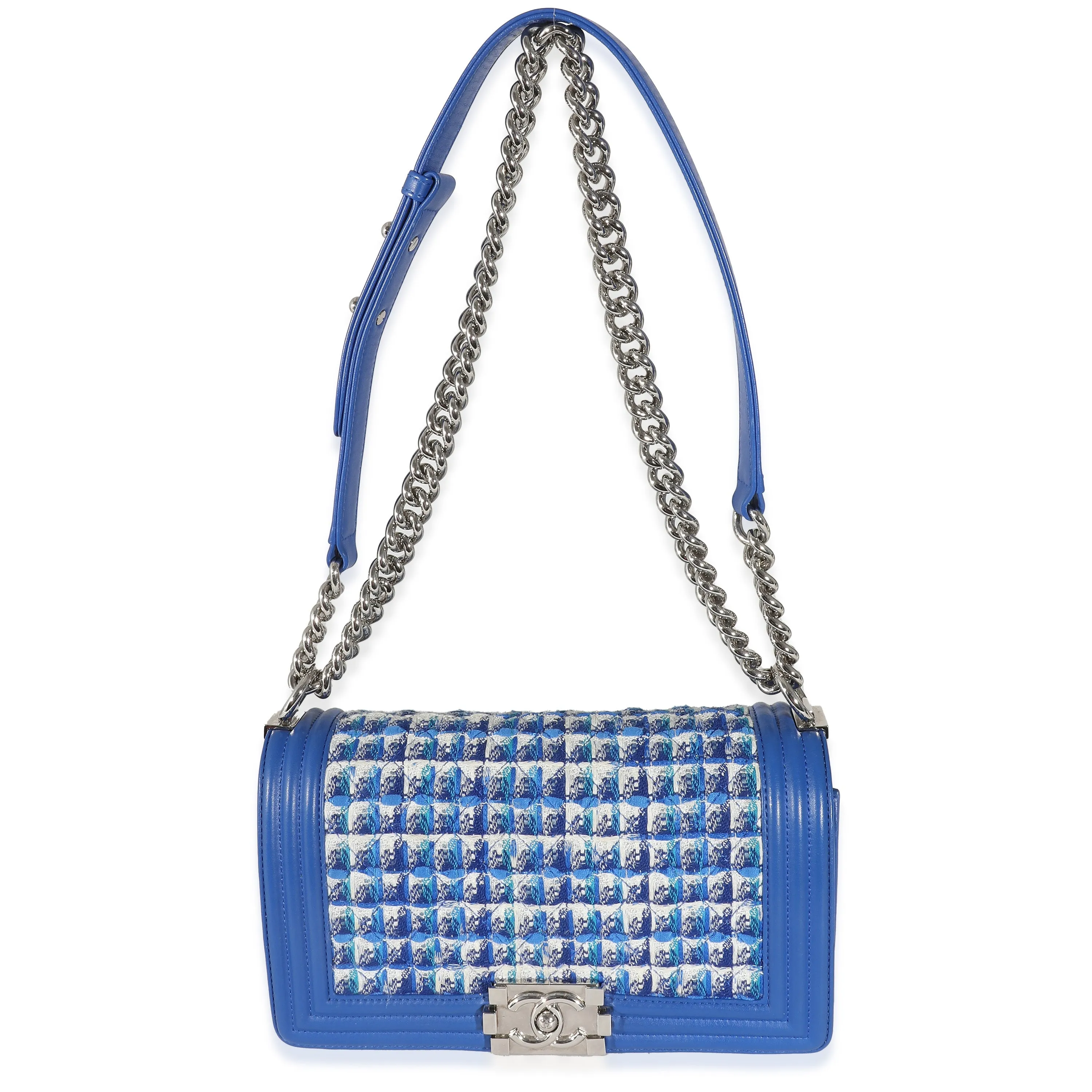Blue Lambskin Tweed Old Medium Boy Bag