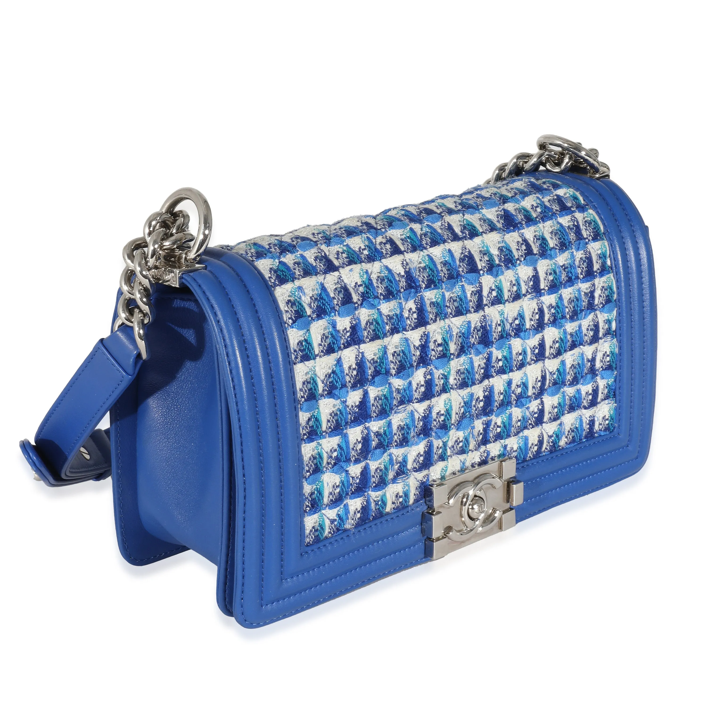 Blue Lambskin Tweed Old Medium Boy Bag