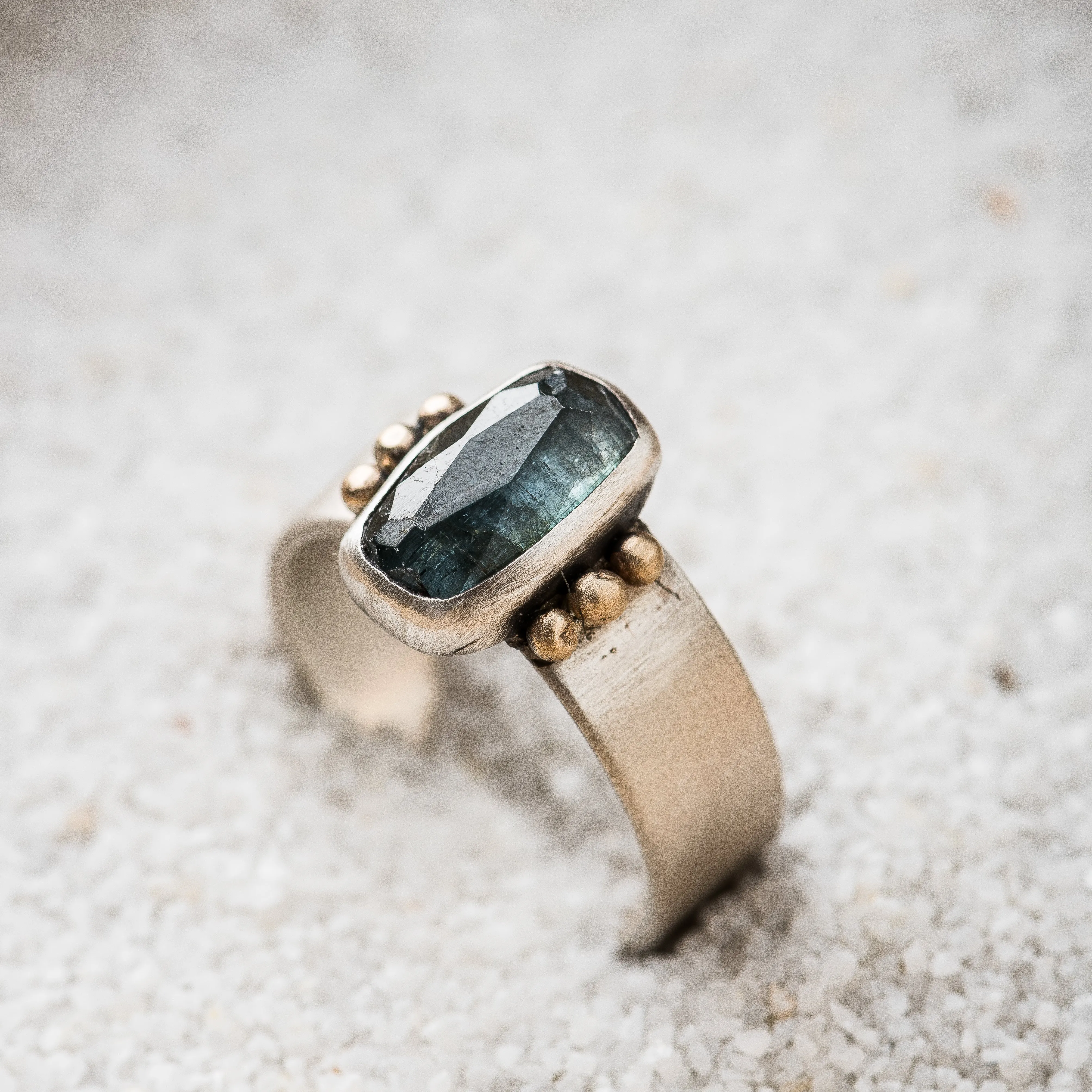 Blue Tourmaline Bar Ring with 14k Gold Accents on Flat Band