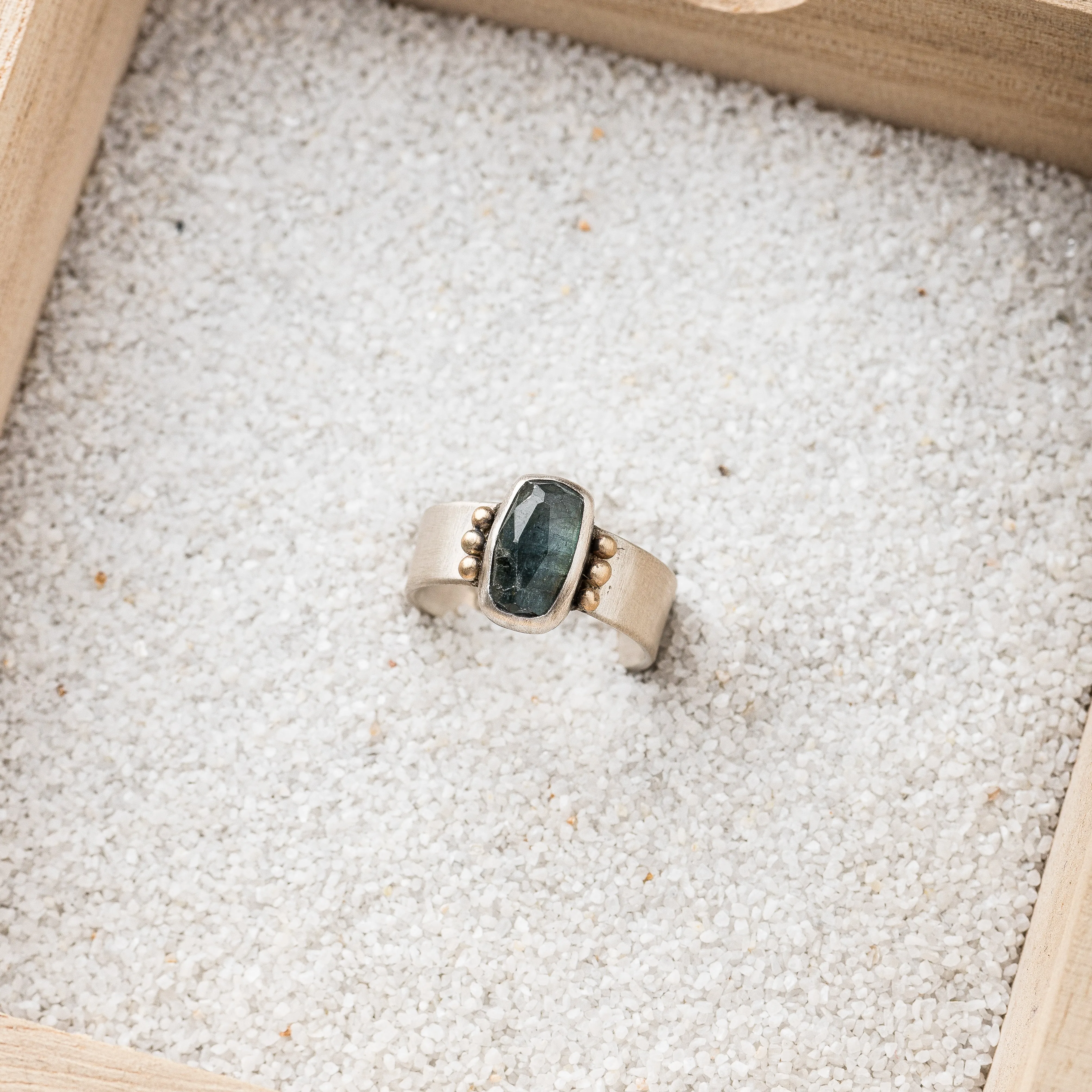 Blue Tourmaline Bar Ring with 14k Gold Accents on Flat Band