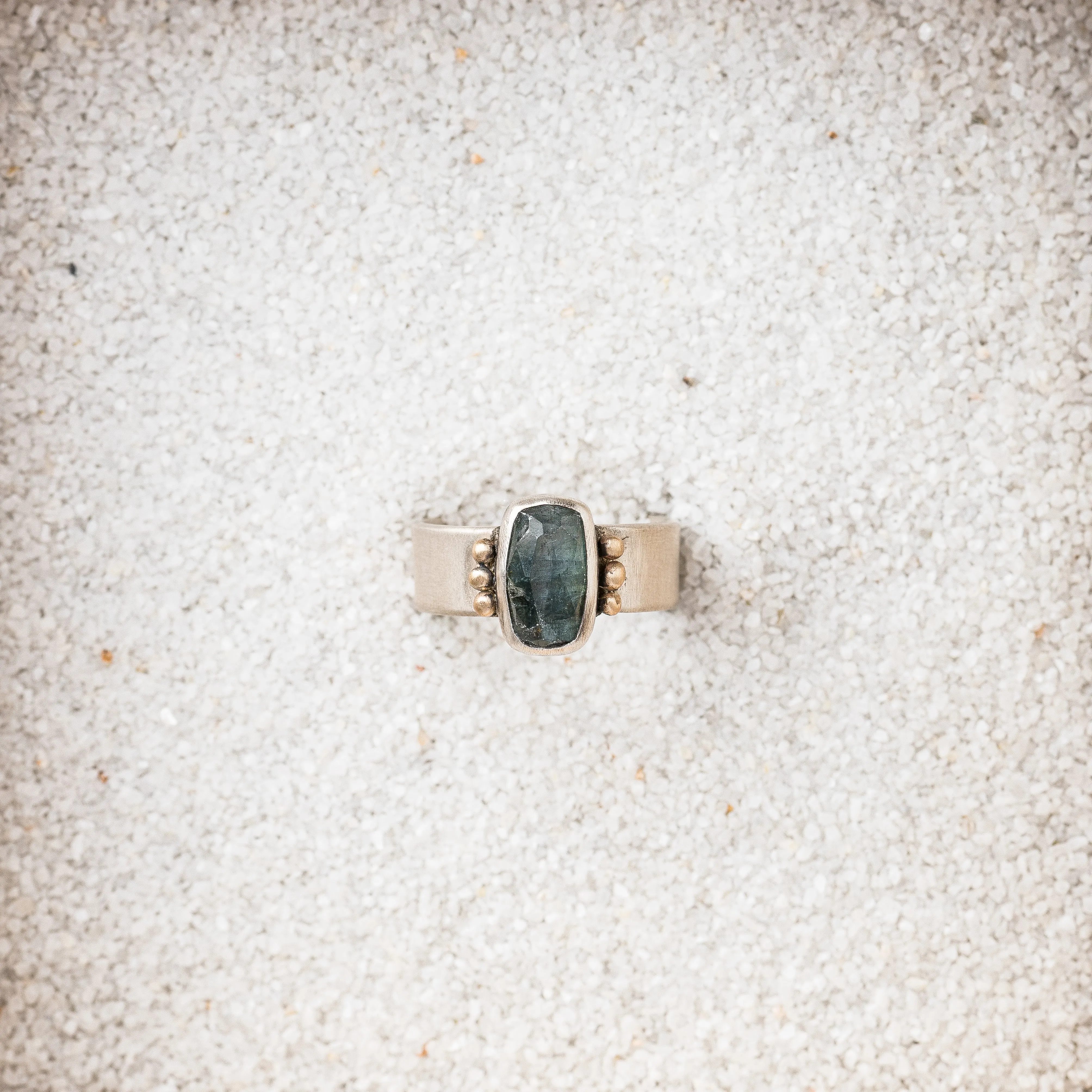 Blue Tourmaline Bar Ring with 14k Gold Accents on Flat Band