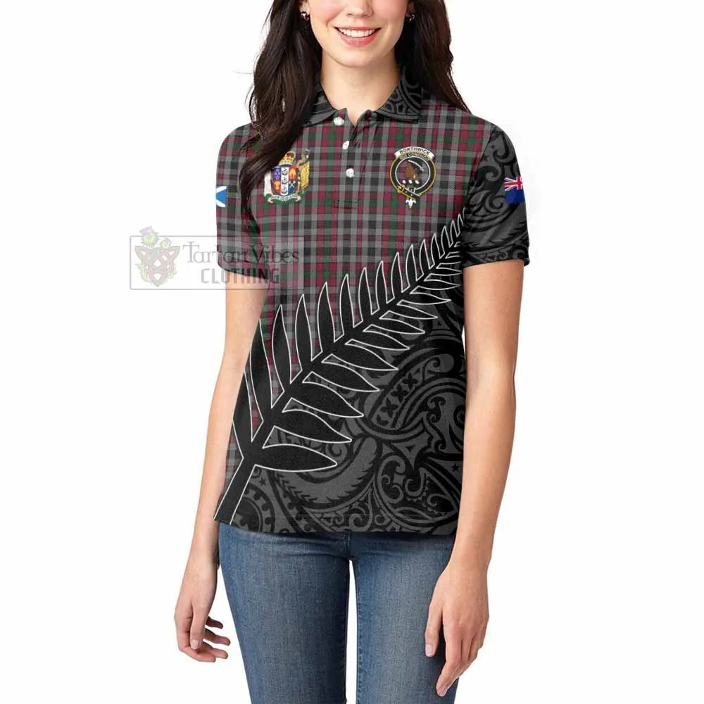Borthwick Crest Tartan Women's Polo Shirt with New Zealand Silver Fern Half Style