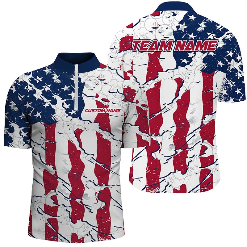Bowling And Pins American Flag Patriotic League Customized Name, Team Name 3D Zipper Polo Shirt For Men