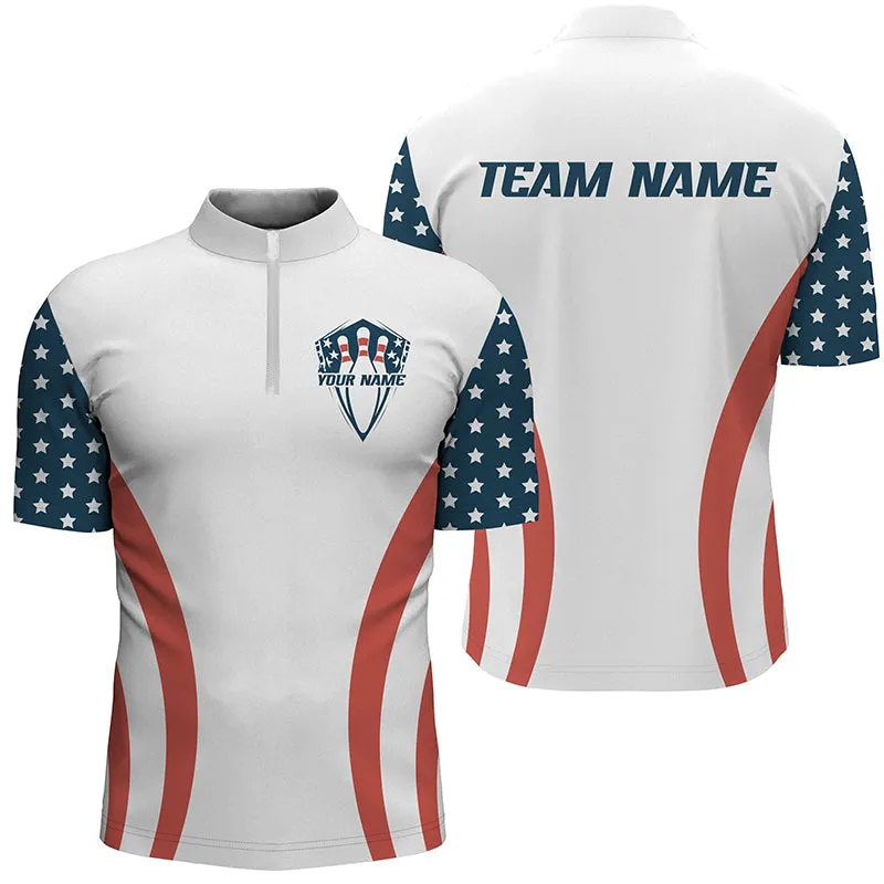 Bowling And Pins American Flag Patriotic League Customized Name, Team Name 3D Zipper Polo Shirt For Men