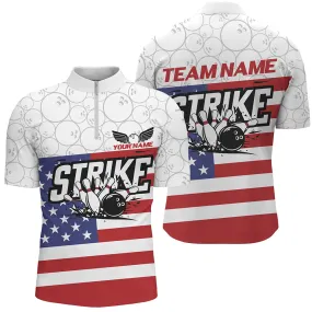 Bowling And Pins American Flag Patriotic League Customized Name, Team Name 3D Zipper Polo Shirt For Men