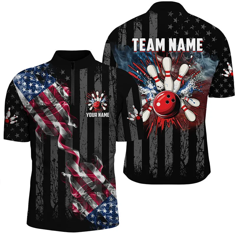 Bowling And Pins Black American Flag Smoke Customized Name, Team Name 3D Jersey Shirt For Men