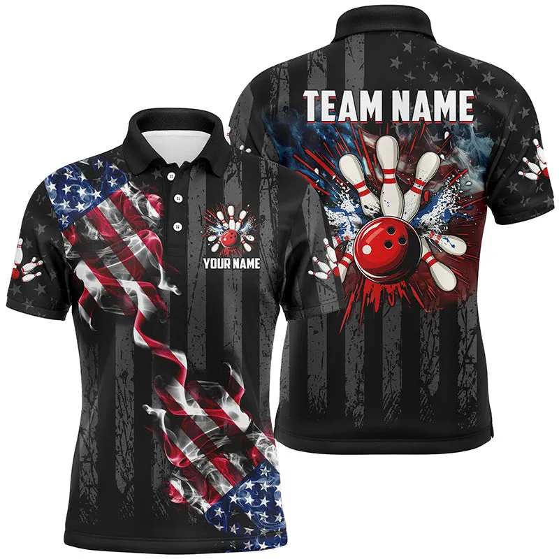 Bowling And Pins Black American Flag Smoke Customized Name, Team Name 3D Jersey Shirt For Men