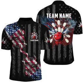 Bowling And Pins Black American Flag Smoke Customized Name, Team Name 3D Jersey Shirt For Men