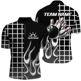 Bowling And Pins Black And White Retro Customized Name, Team Name 3D Jersey Polo Shirt For Men