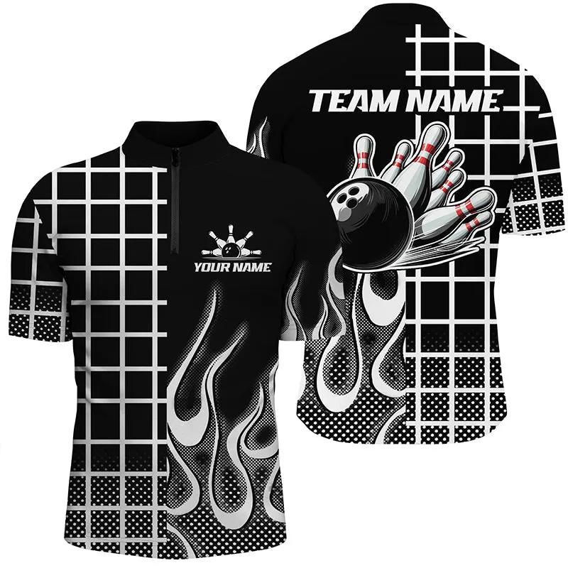Bowling And Pins Black And White Retro Customized Name, Team Name 3D Jersey Polo Shirt For Men