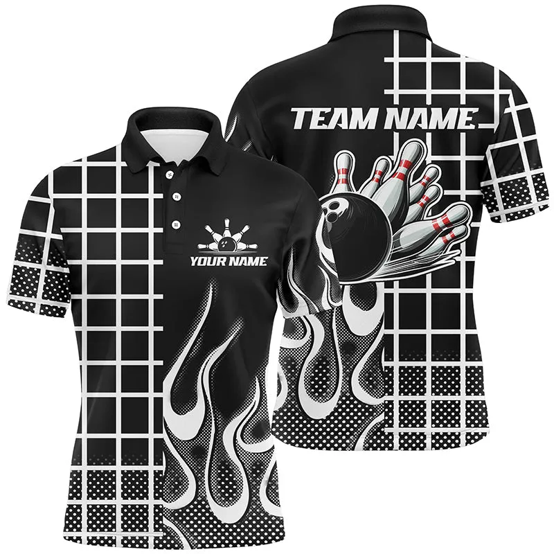 Bowling And Pins Black And White Retro Customized Name, Team Name 3D Jersey Polo Shirt For Men