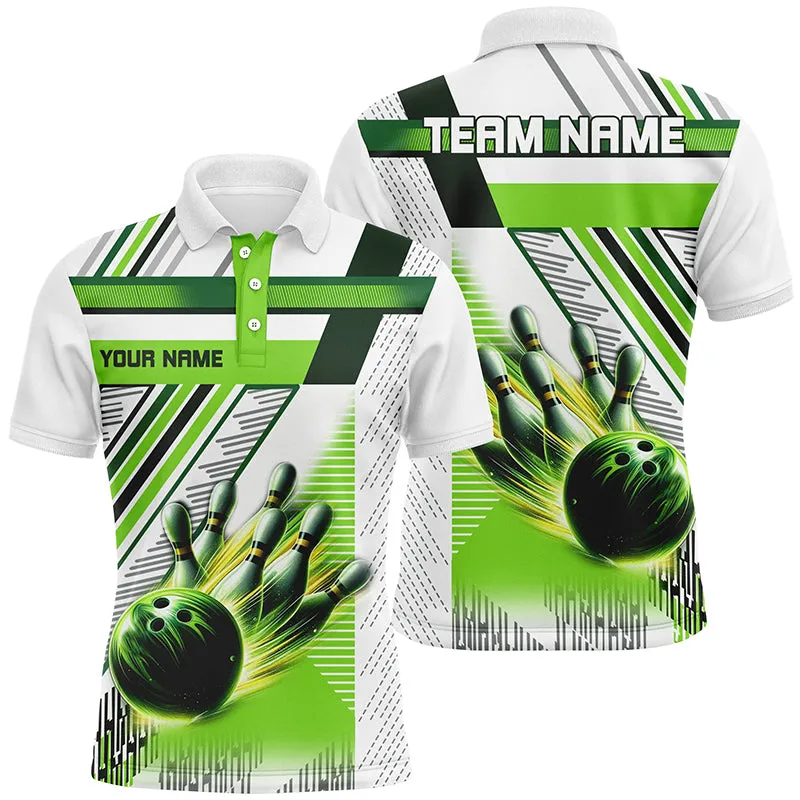 Bowling And Pins Green And White Bowling Customized Name, Team Name 3D Jersey Polo Shirt For Men