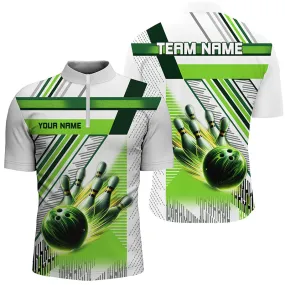 Bowling And Pins Green And White Bowling Customized Name, Team Name 3D Jersey Polo Shirt For Men