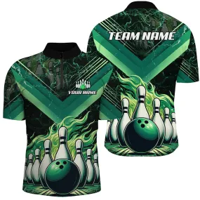 Bowling And Pins Green Flame Customized Name, Team Name 3D Bowling Jersey Shirt For Men