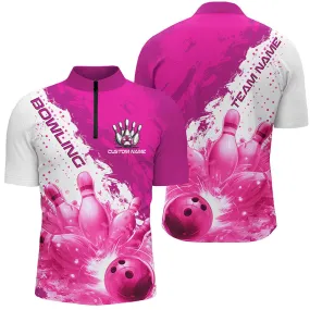 Bowling And Pins Mutilcolor Flame Strike Customized Name, Team Name 3D Zipper Polo Shirt For Men