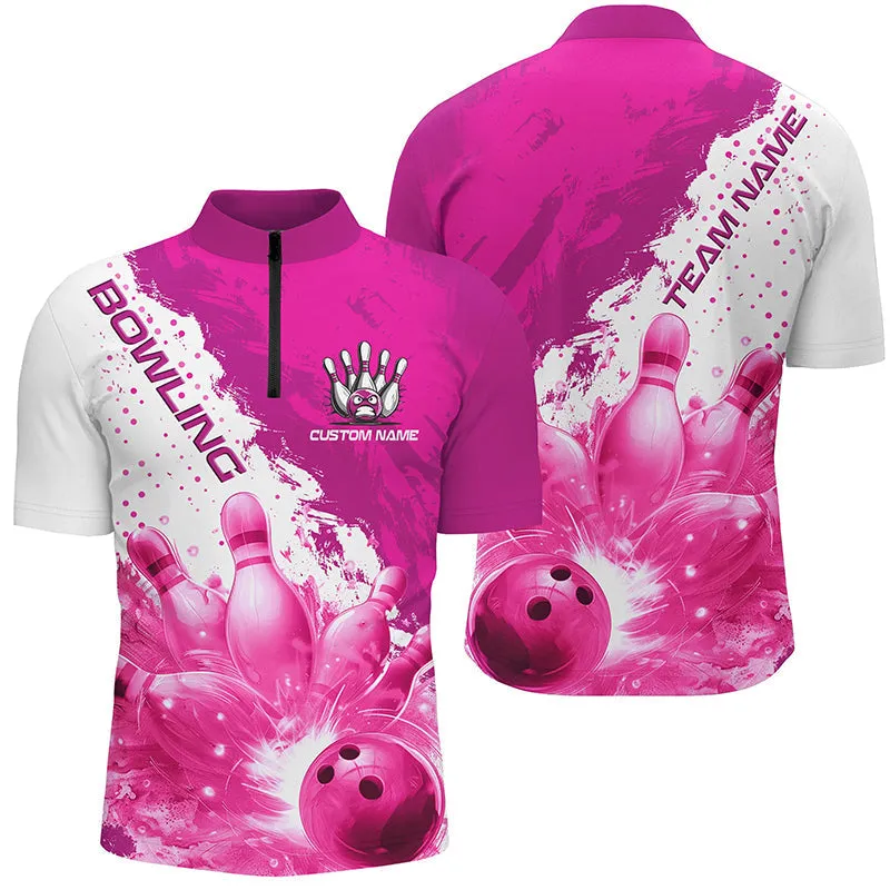 Bowling And Pins Mutilcolor Flame Strike Customized Name, Team Name 3D Zipper Polo Shirt For Men