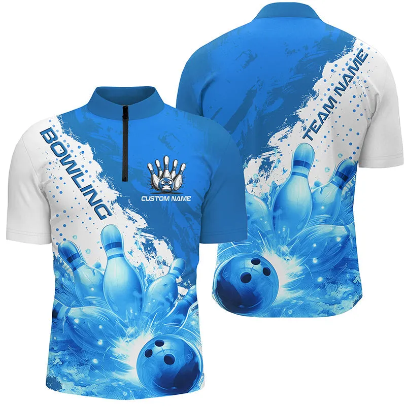 Bowling And Pins Mutilcolor Flame Strike Customized Name, Team Name 3D Zipper Polo Shirt For Men