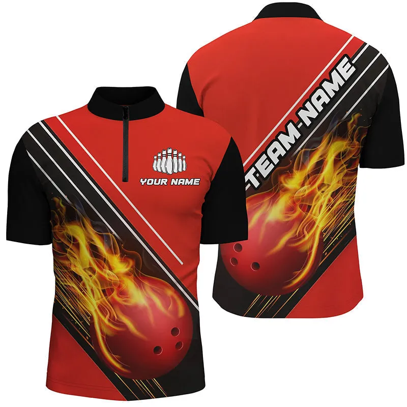 Bowling And Pins Red Fire Ball Customized Name, Team Name 3D Zipper Polo Shirt For Men