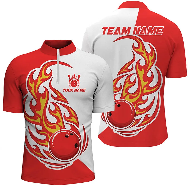 Bowling And Pins Red Fire Ball Customized Name, Team Name 3D Zipper Polo Shirt For Men