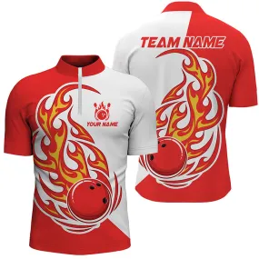 Bowling And Pins Red Fire Ball Customized Name, Team Name 3D Zipper Polo Shirt For Men