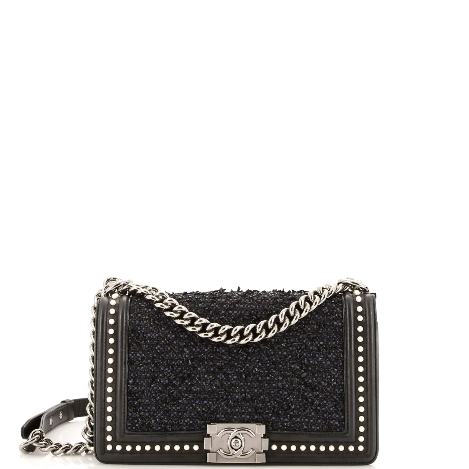 Boy Flap Bag Quilted Tweed with Pearl Embellished Calfskin Old Medium