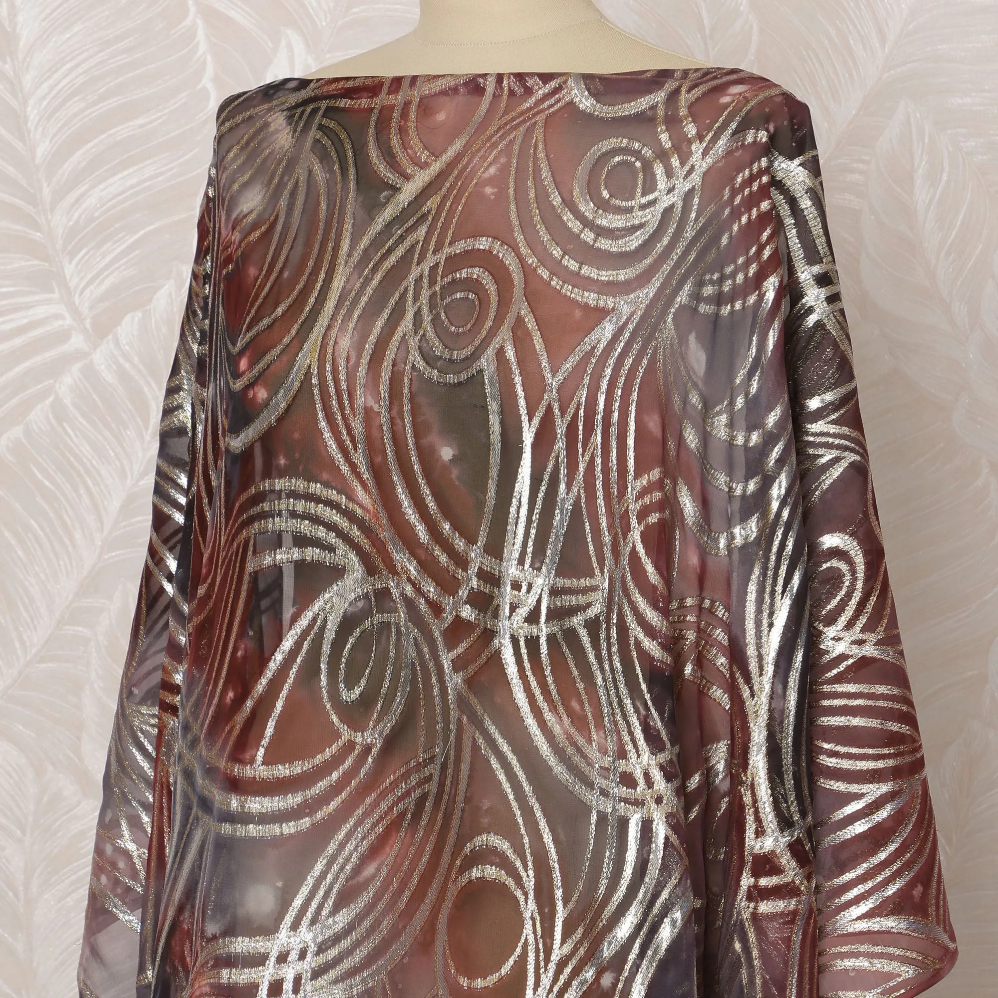 Brown and Silver Swirl Pattern Silk Chiffon Dirac Fabric with Metallic Lurex, 3.5 Meters, 140 cm Width-D20809
