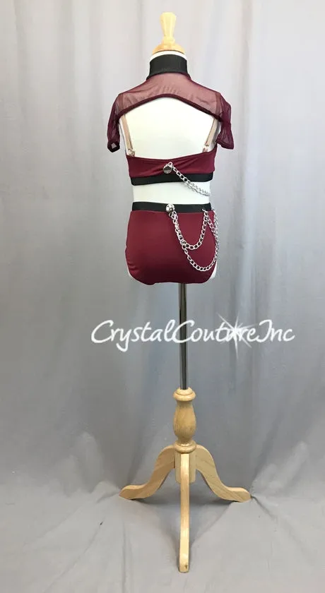 Burgundy and Graphite Lycra 3pc Top, Trunk with Sheer Mesh Shrug