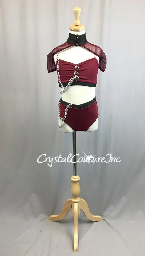 Burgundy and Graphite Lycra 3pc Top, Trunk with Sheer Mesh Shrug