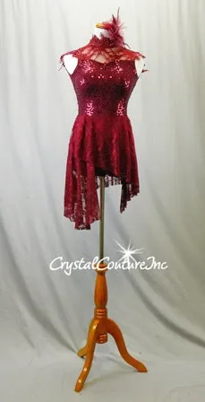 Burgundy Floral Lace Biketard with Asymmetrical Lace Skirt - Swarovski Rhinestones