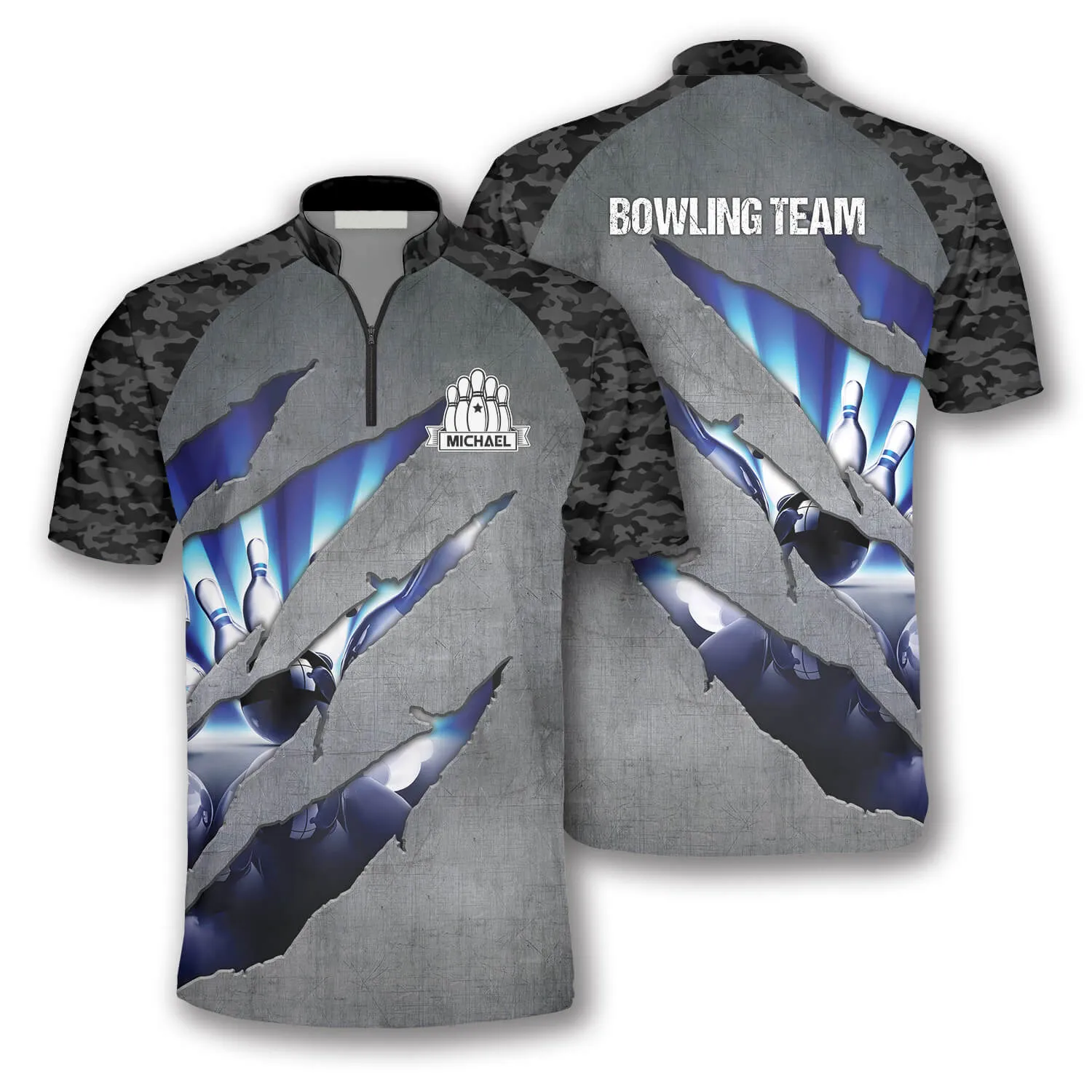 Camo Tiger Scratch Custom Bowling Jerseys for Men, Personalized Name Bowling Shirt, Camo Bowling Gift