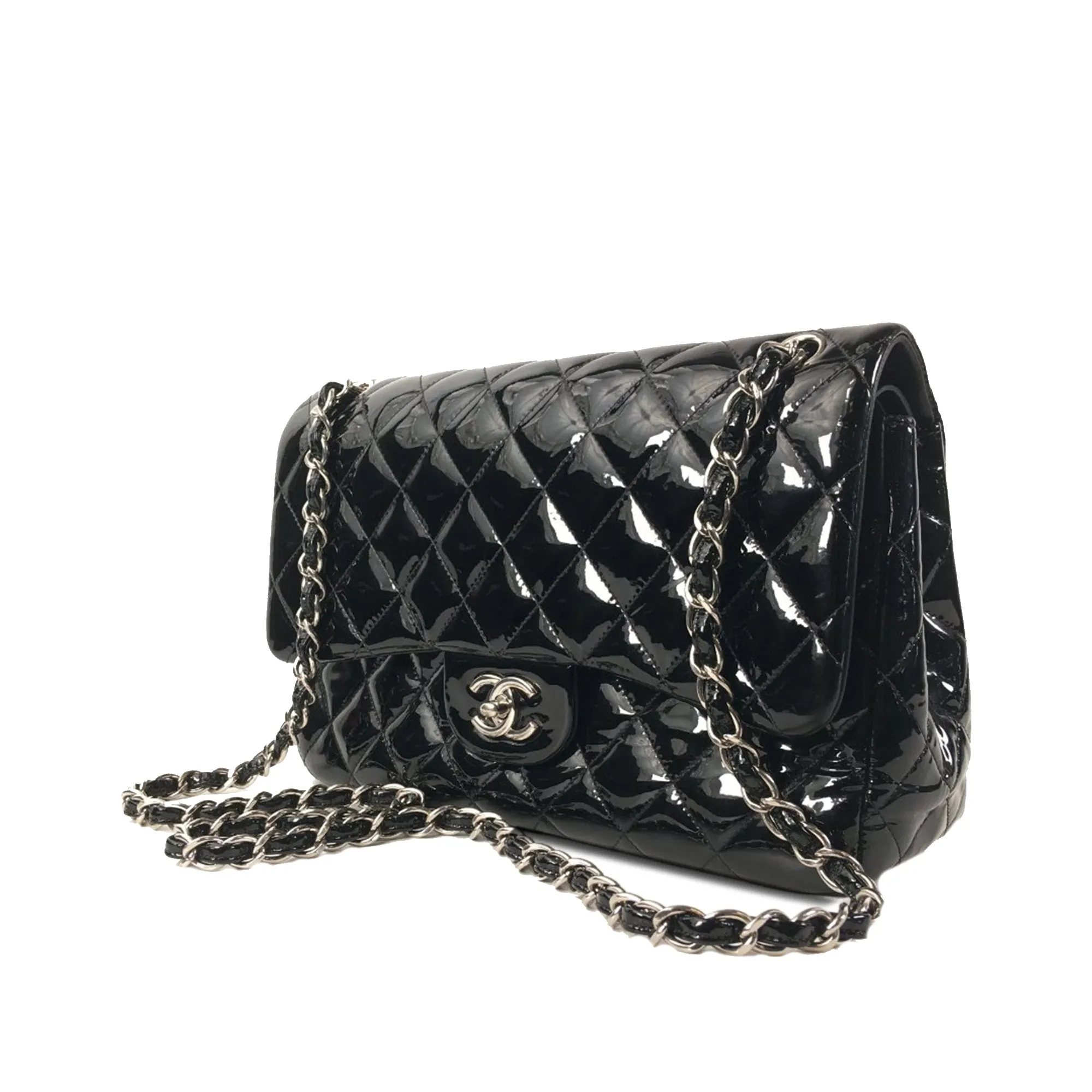 Chanel Classic Double Flap Jumbo Black Patent Leather Silver