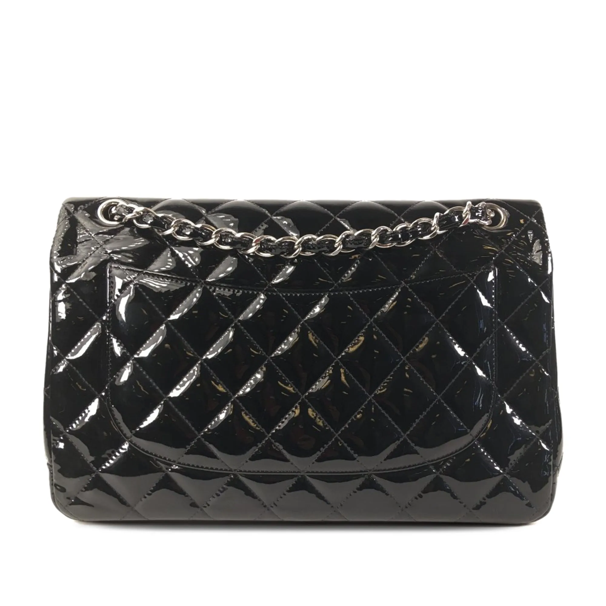 Chanel Classic Double Flap Jumbo Black Patent Leather Silver