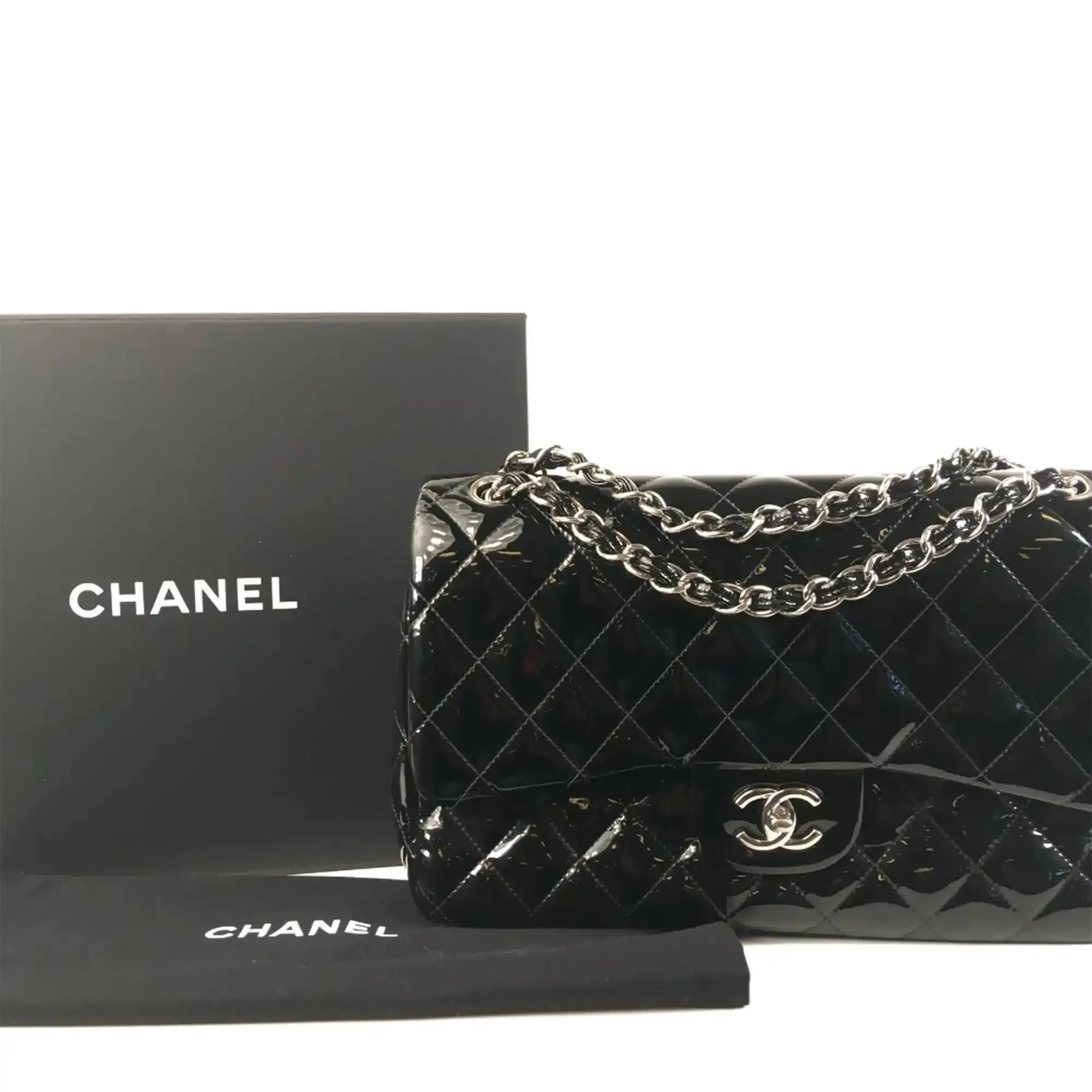 Chanel Classic Double Flap Jumbo Black Patent Leather Silver