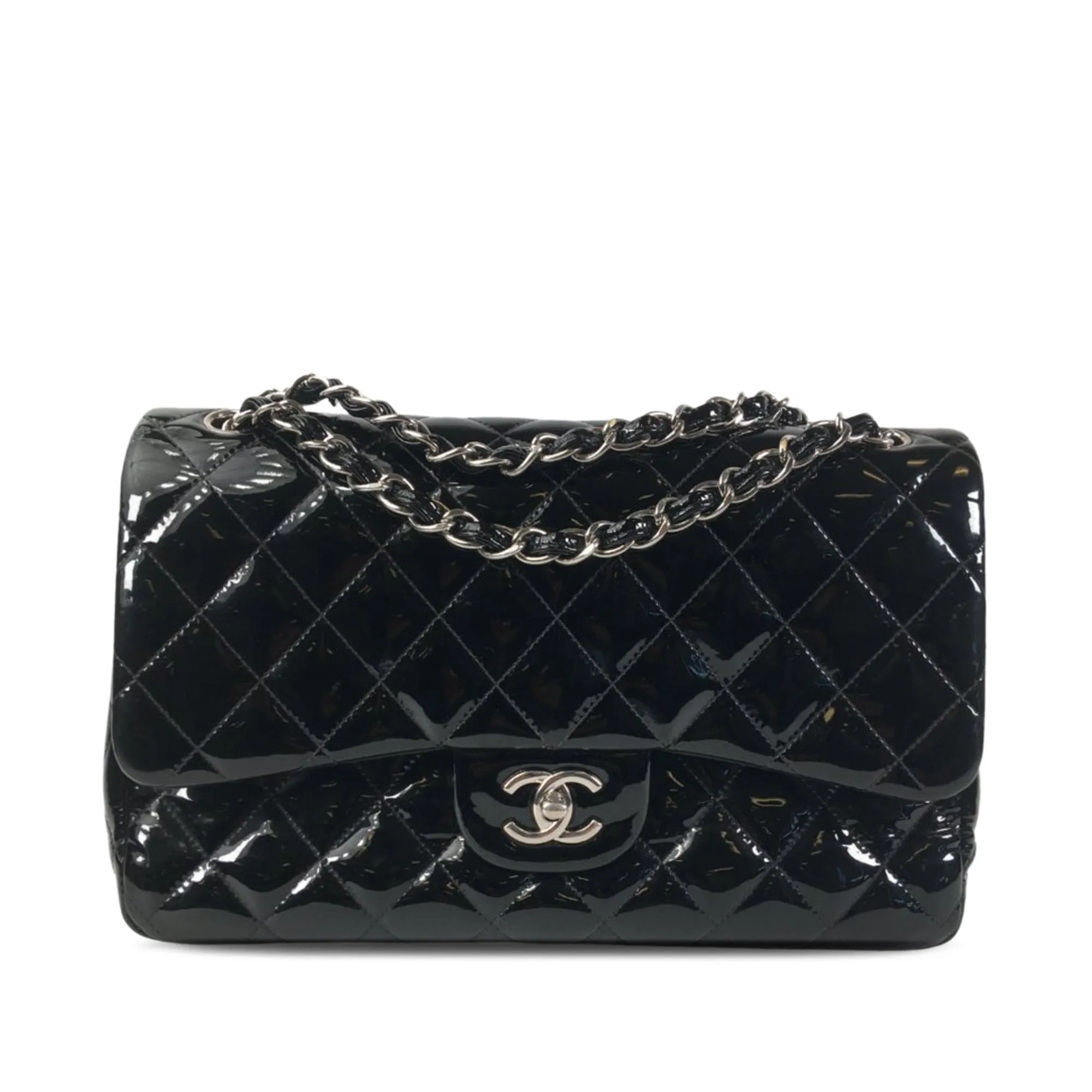 Chanel Classic Double Flap Jumbo Black Patent Leather Silver