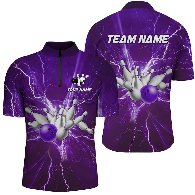 Coolspod Bowling And Pins Multicolor Lightning Thunder Customized Name, Team Name 3D Zipper Polo Shirt For Men