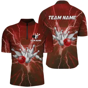 Coolspod Bowling And Pins Multicolor Lightning Thunder Customized Name, Team Name 3D Zipper Polo Shirt For Men