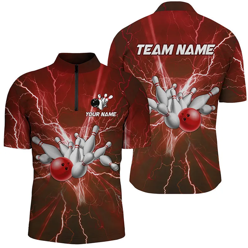 Coolspod Bowling And Pins Multicolor Lightning Thunder Customized Name, Team Name 3D Zipper Polo Shirt For Men