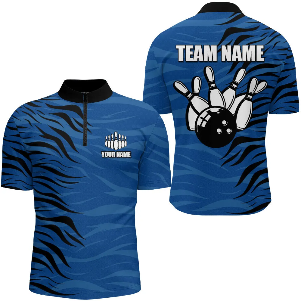 Custom Bowling Quarter-Zip Shirt Blue Bowling Jersey For Men Personalized Bowling League Shirt